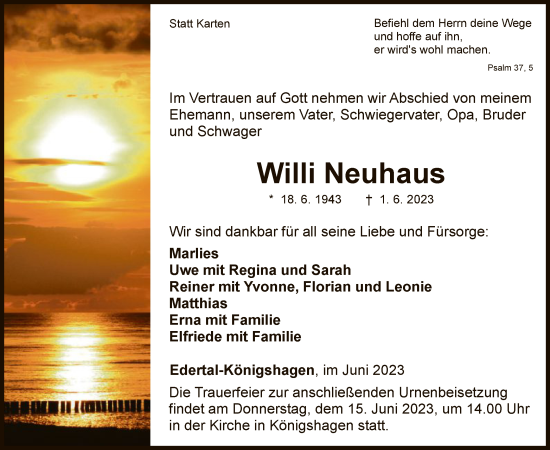 Traueranzeige von Willi Neuhaus von WLZ