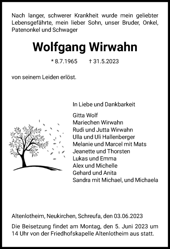 Traueranzeige von Wolfgang Wirwahn von HNA