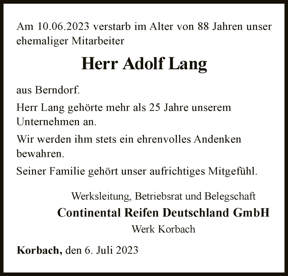 Traueranzeige für Adolf Lang vom 06.07.2023 aus WLZ