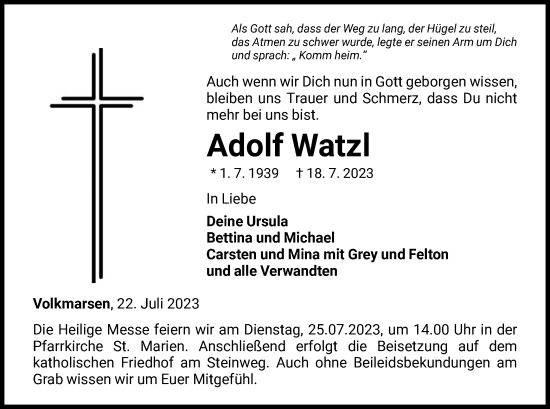 Traueranzeige von Adolf Watzl von WLZ