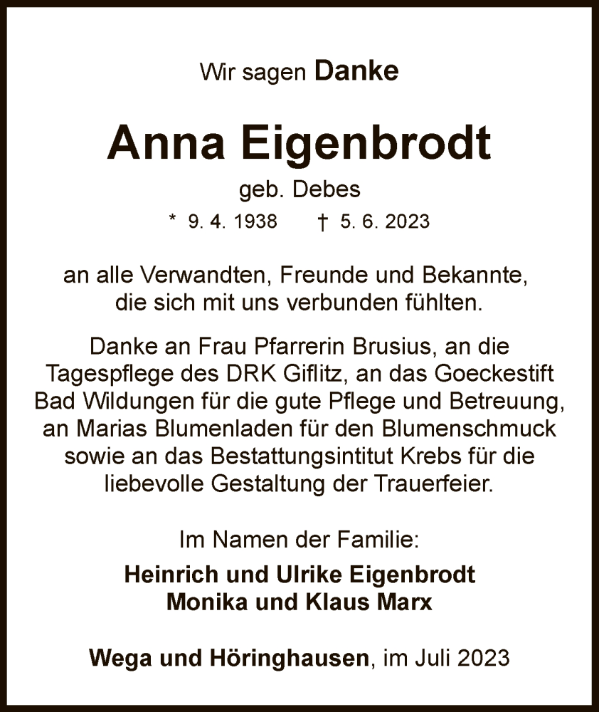  Traueranzeige für Anna Eigenbrodt vom 08.07.2023 aus WLZ