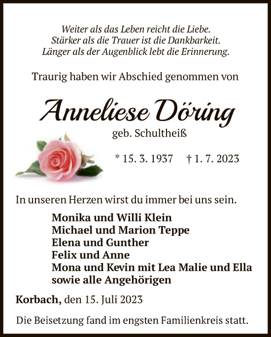 Traueranzeige von Anneliese Döring von WLZ