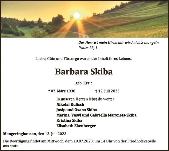 Traueranzeige von Barbara Skiba von WLZ