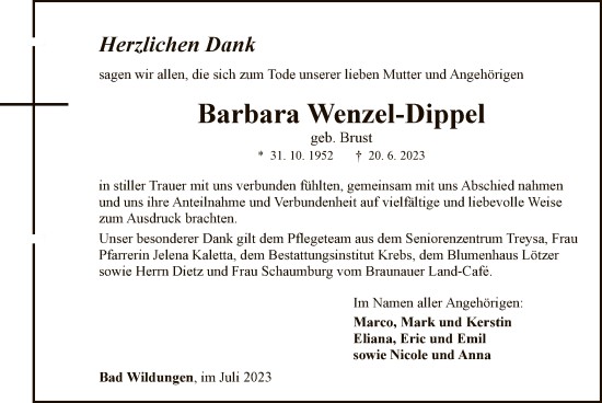 Traueranzeige von Barbara Wenzel-Dippel von WLZ