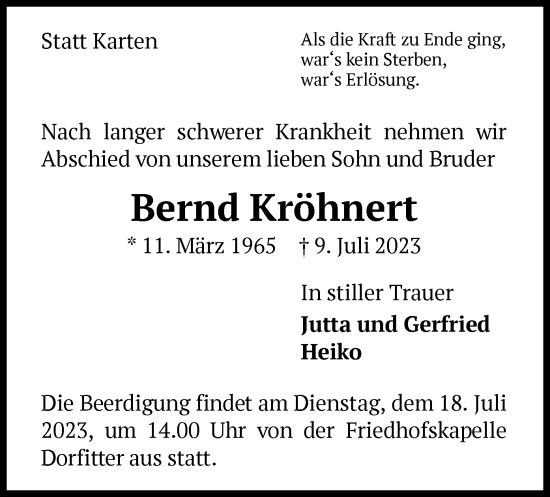 Traueranzeige von Bernd Kröhnert von WLZ