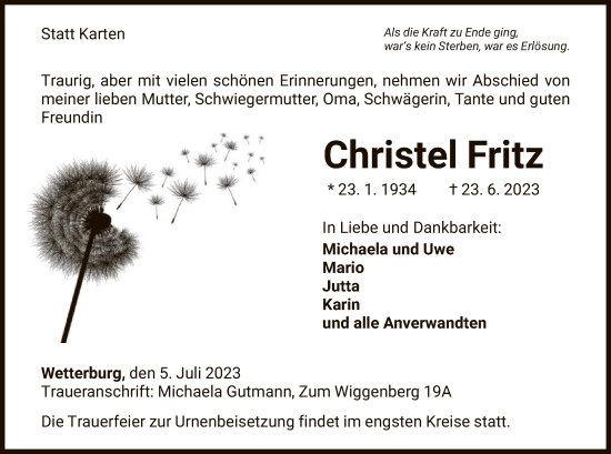 Traueranzeige von Christel Fritz von WLZ