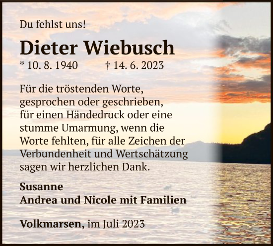 Traueranzeige von Dieter Wiebusch von WLZ