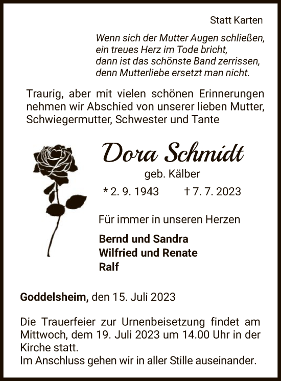 Traueranzeige von Dora Schmidt von WLZ