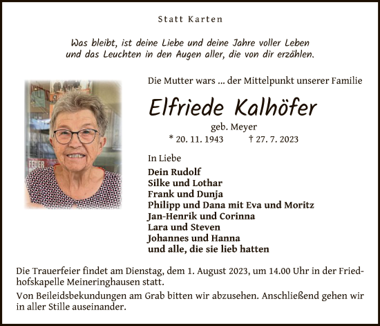 Traueranzeige von Elfriede Kalhöfer von WLZ