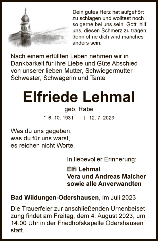 Traueranzeige von Elfriede Lehmal von WLZ