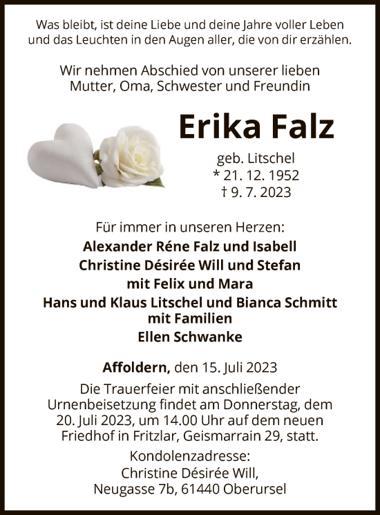 Traueranzeige von Erika Falz von WLZ