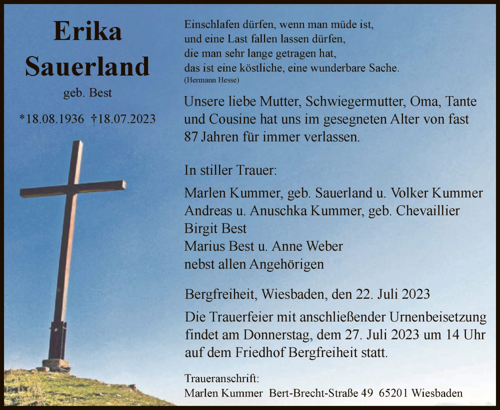  Traueranzeige für Erika Sauerland vom 22.07.2023 aus WLZ