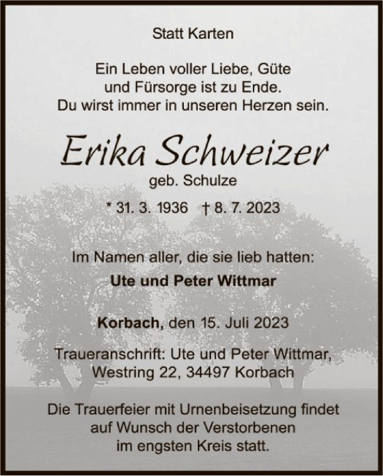 Traueranzeige von Erika Schweizer von WLZ