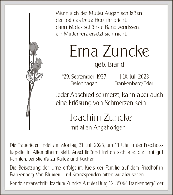 Traueranzeige von Erna Zuncke von HNA