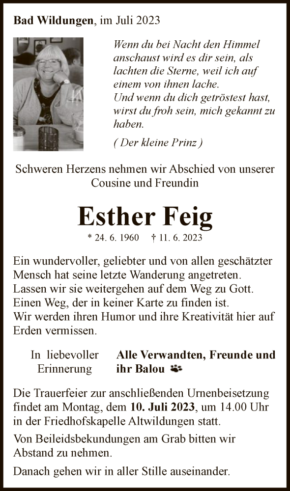  Traueranzeige für Esther Feig vom 01.07.2023 aus WLZ