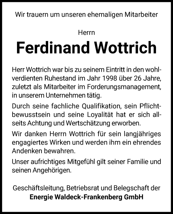 Traueranzeige von Ferdinand Wottrich von WLZ