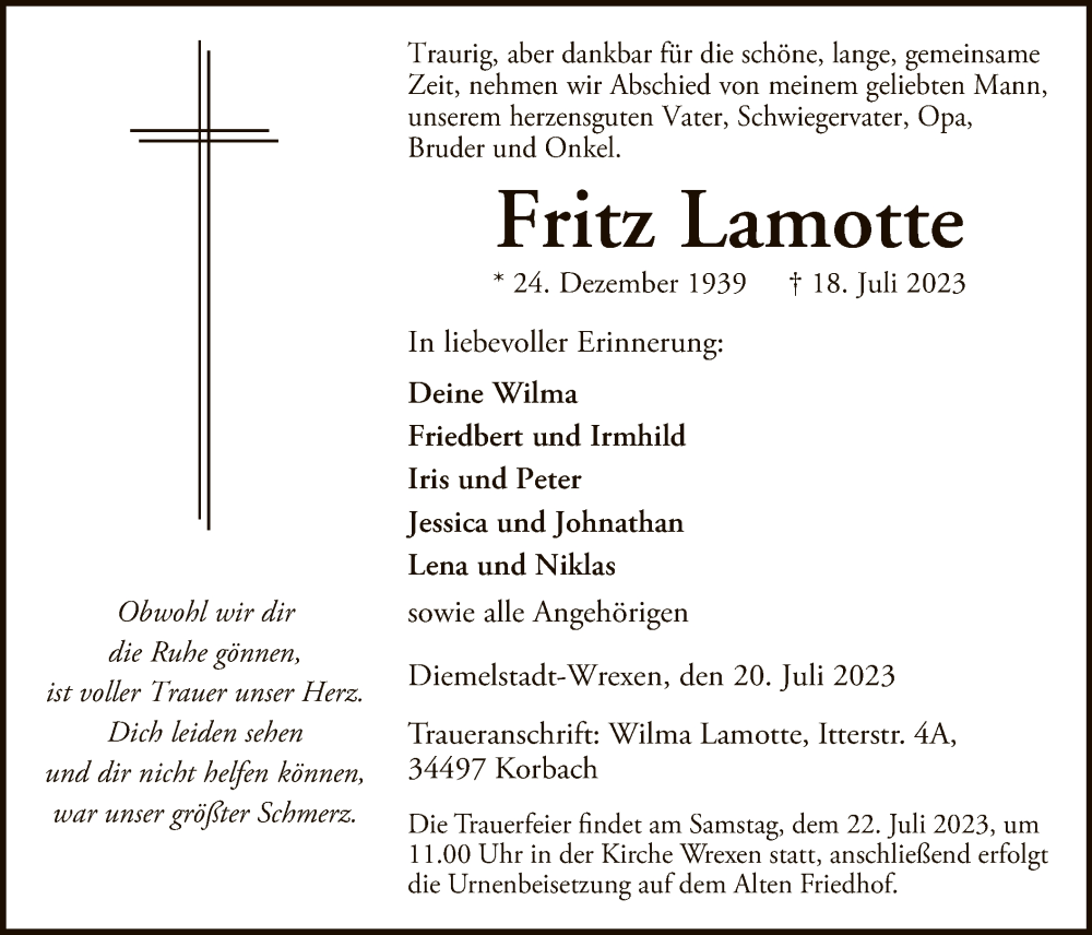  Traueranzeige für Fritz Lamotte vom 20.07.2023 aus WLZ