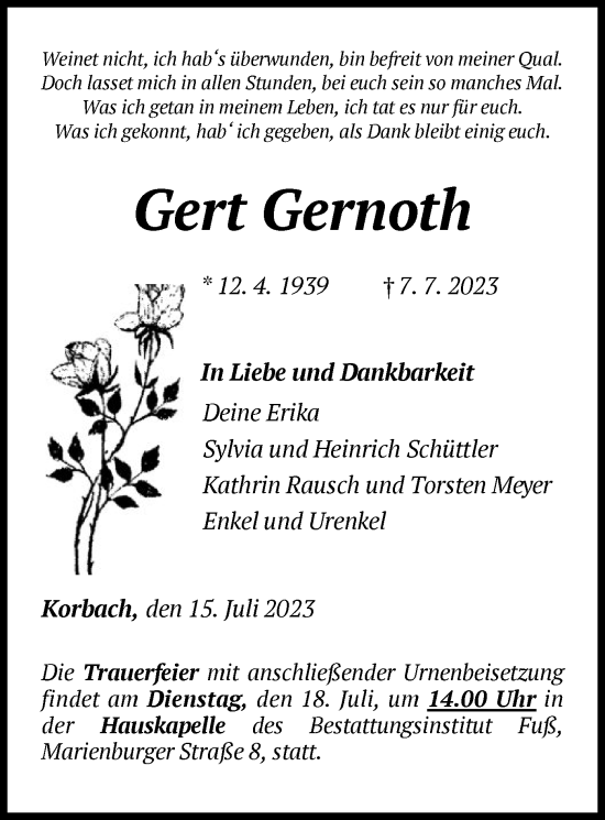 Traueranzeige von Gert Gernoth von WLZ