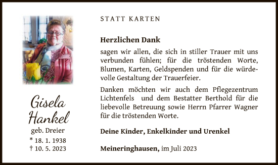 Traueranzeige von Gisela Hankel von WLZ