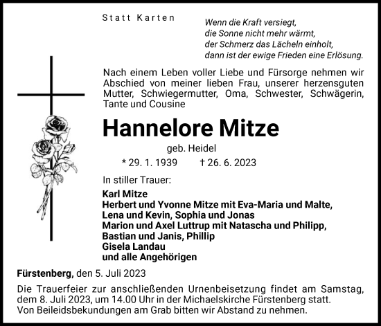 Traueranzeige von Hannelore Mitze von WLZ