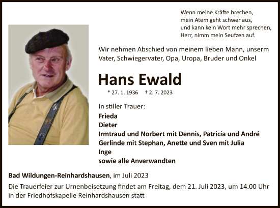 Traueranzeige von Hans Ewald von WLZ