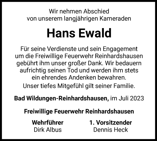 Traueranzeige von Hans Ewald von WLZ