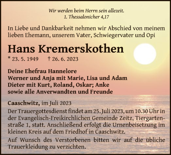 Traueranzeige von Hans Kremerskothen von WLZ