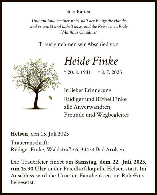 Traueranzeige von Heide Finke von WLZ