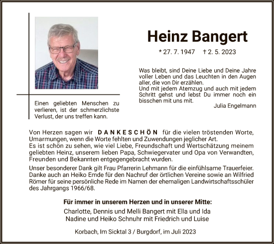 Traueranzeige von Heinz Bangert von WLZ