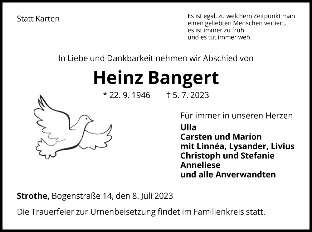  Traueranzeige für Heinz Bangert vom 08.07.2023 aus WLZ