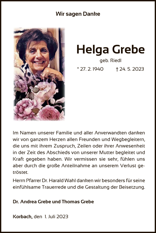 Traueranzeige von Helga Grebe von WLZ