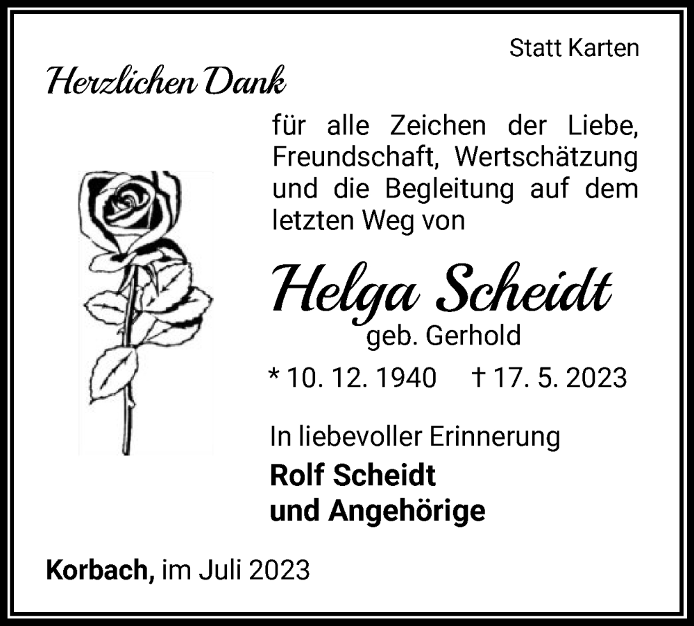  Traueranzeige für Helga Scheidt vom 08.07.2023 aus WLZ