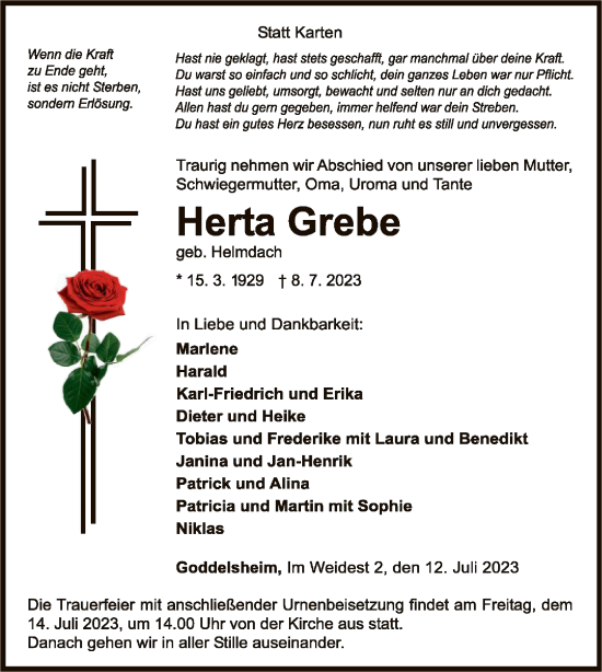 Traueranzeige von Herta Grebe von WLZ