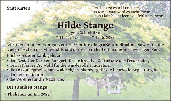 Traueranzeige von Hilde Stange von WLZ