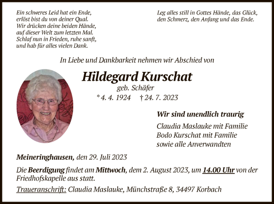 Traueranzeige von Hildegard Kurschat von WLZ