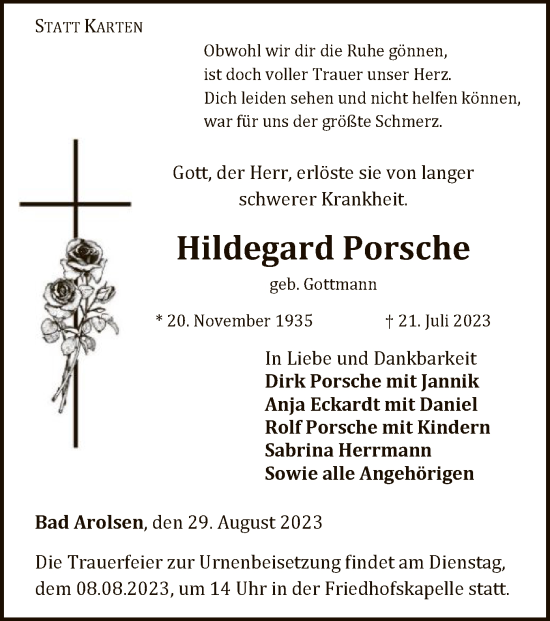 Traueranzeige von Hildegard Porsche von WLZ