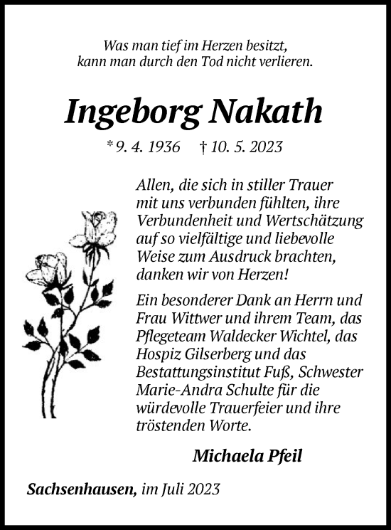 Traueranzeige von Ingeborg Nakath von WLZ