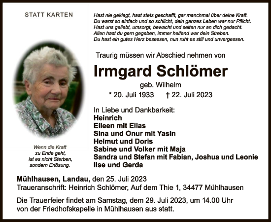 Traueranzeige von Irmgard Schlömer von WLZ