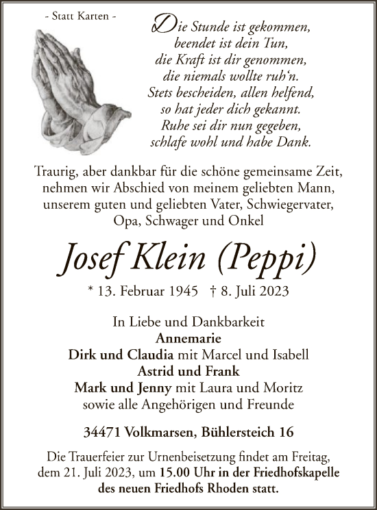 Traueranzeige von Josef Klein von WLZ