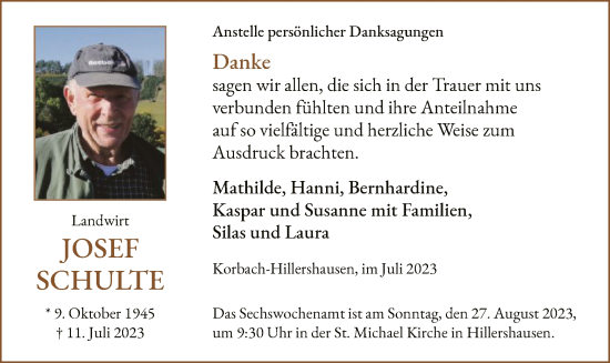 Traueranzeige von Josef Schulte von WLZ