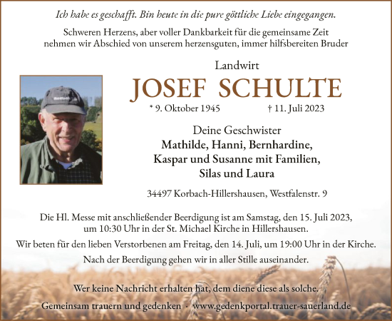 Traueranzeige von Josef Schulte von WLZ