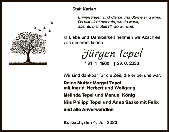 Traueranzeige von Jürgen Tepel von WLZ