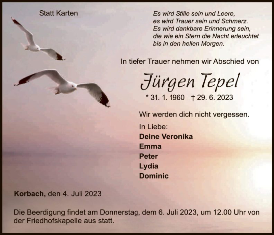 Traueranzeige von Jürgen Tepel von WLZ