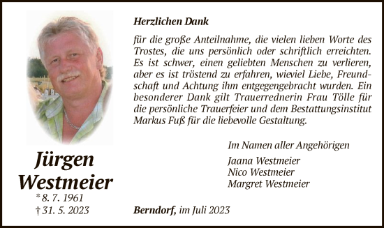 Traueranzeige von Jürgen Westmeier von WLZ