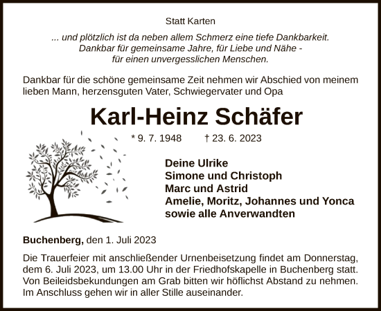 Traueranzeige von Karl-Heinz Schäfer von WLZ