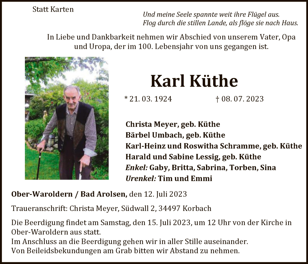  Traueranzeige für Karl Küthe vom 12.07.2023 aus WLZ