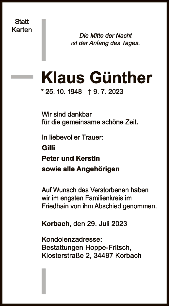  Traueranzeige für Klaus Günther vom 29.07.2023 aus WLZ
