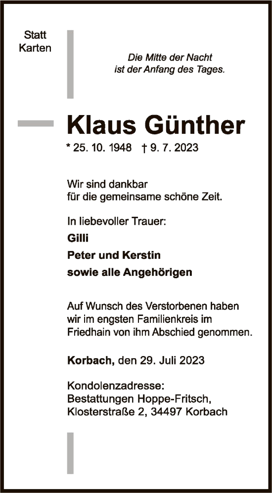 Traueranzeige von Klaus Günther von WLZ