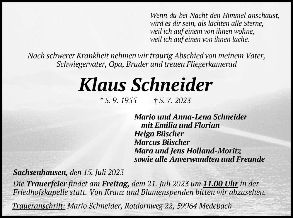  Traueranzeige für Klaus Schneider vom 15.07.2023 aus WLZ