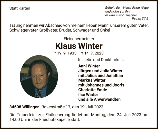 Traueranzeige von Klaus Winter von WLZ